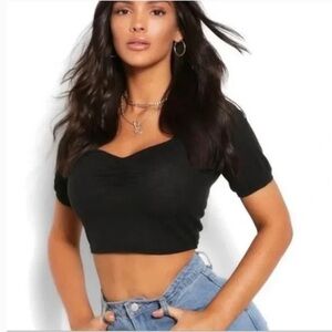 🌻NEW (with tags) Vero Moda Black Ruching V-neck Crop Short Sleeve Top Size XS